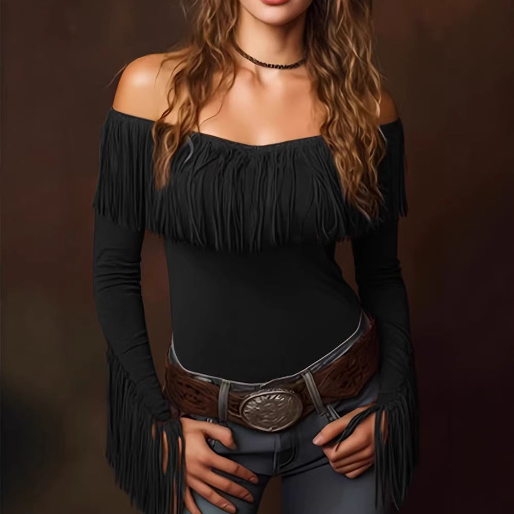 Women's Spring Autumn Women Clothing Tassel Top Long Sleeve Retro Tight Sexy