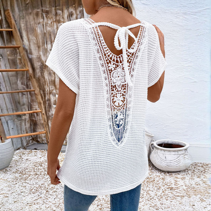 White V-Neck Cutout Short Sleeve Top