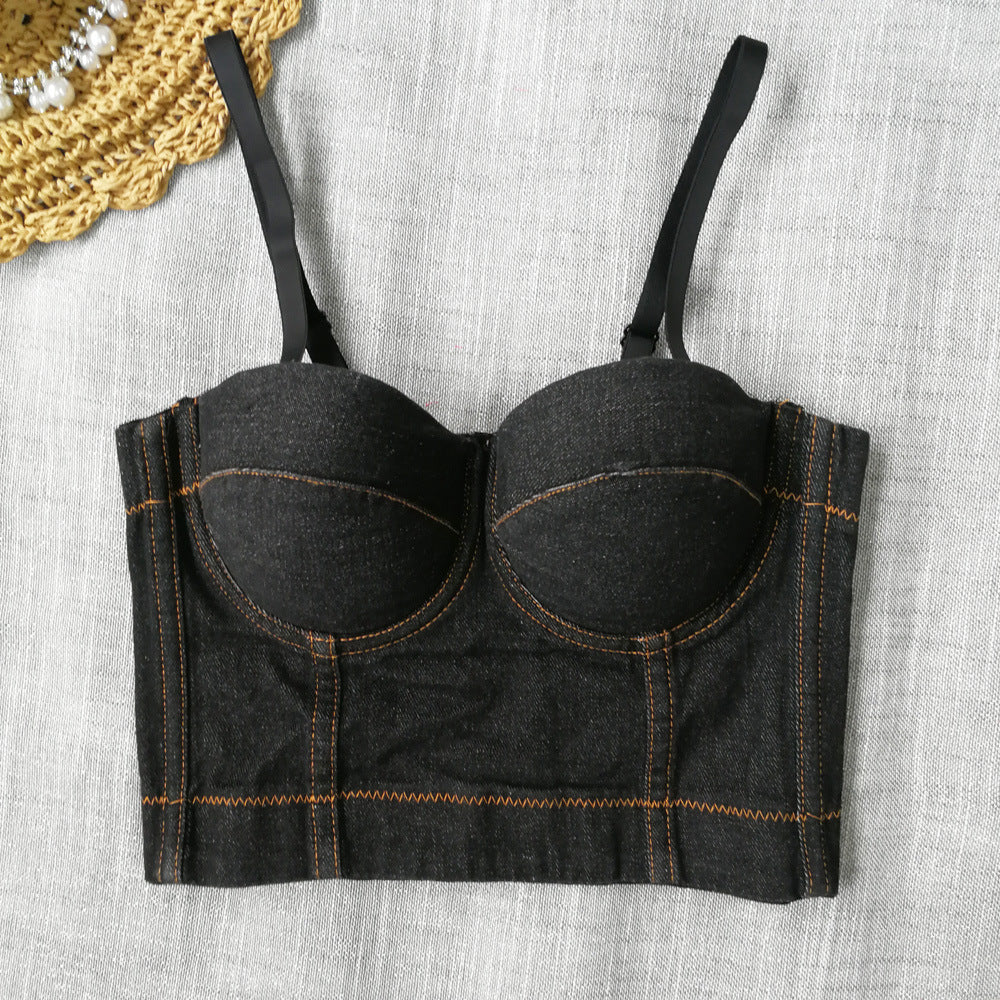 's Denim Camisole Beauty Back Cropped Free Underwear Boning