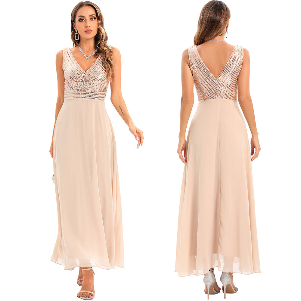 Women's Sequin Chiffon V-Neck Evening Maxi Dress