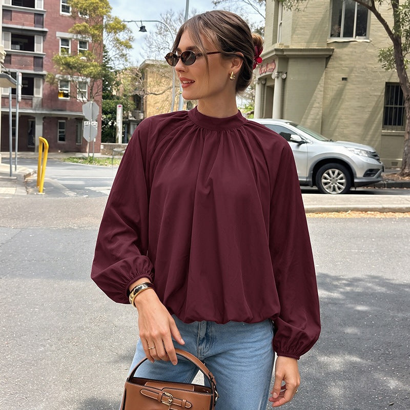 Women's Lace-Up Back Long-Sleeve Blouse