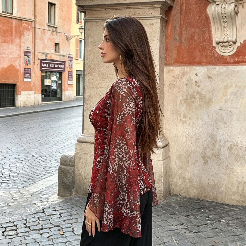 Bohemian Vacation Mesh V neck Flared Sleeves Top Ethnic