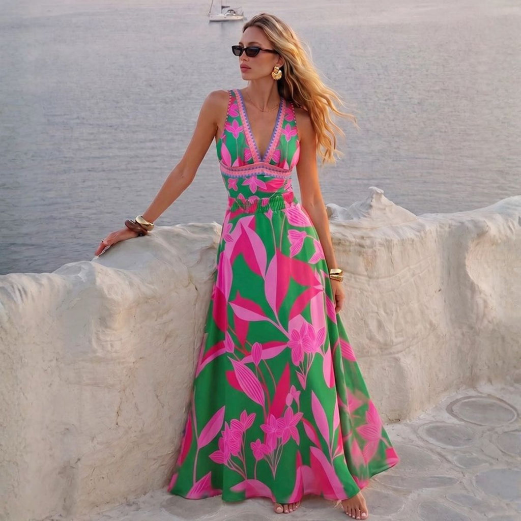 Women's Green And Rose Floral One-Piece Swimsuit