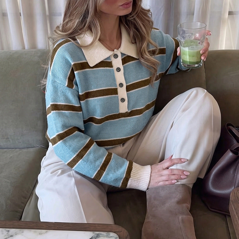 Women's Striped Collared Knit Cardigan