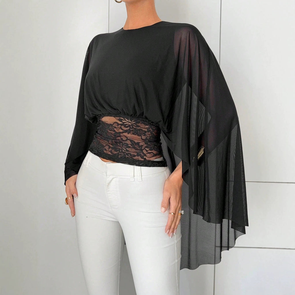 Women's Autumn Round Neck Mesh Cape Sleeve Elegant Waist Lace Stitching Shirt
