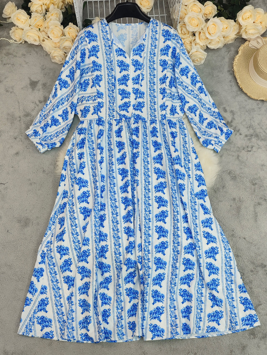 Summer Bohemian Printed Dress V Neck Long Sleeve Vacation Beach