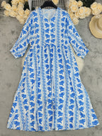 Summer Bohemian Printed Dress V Neck Long Sleeve Vacation Beach