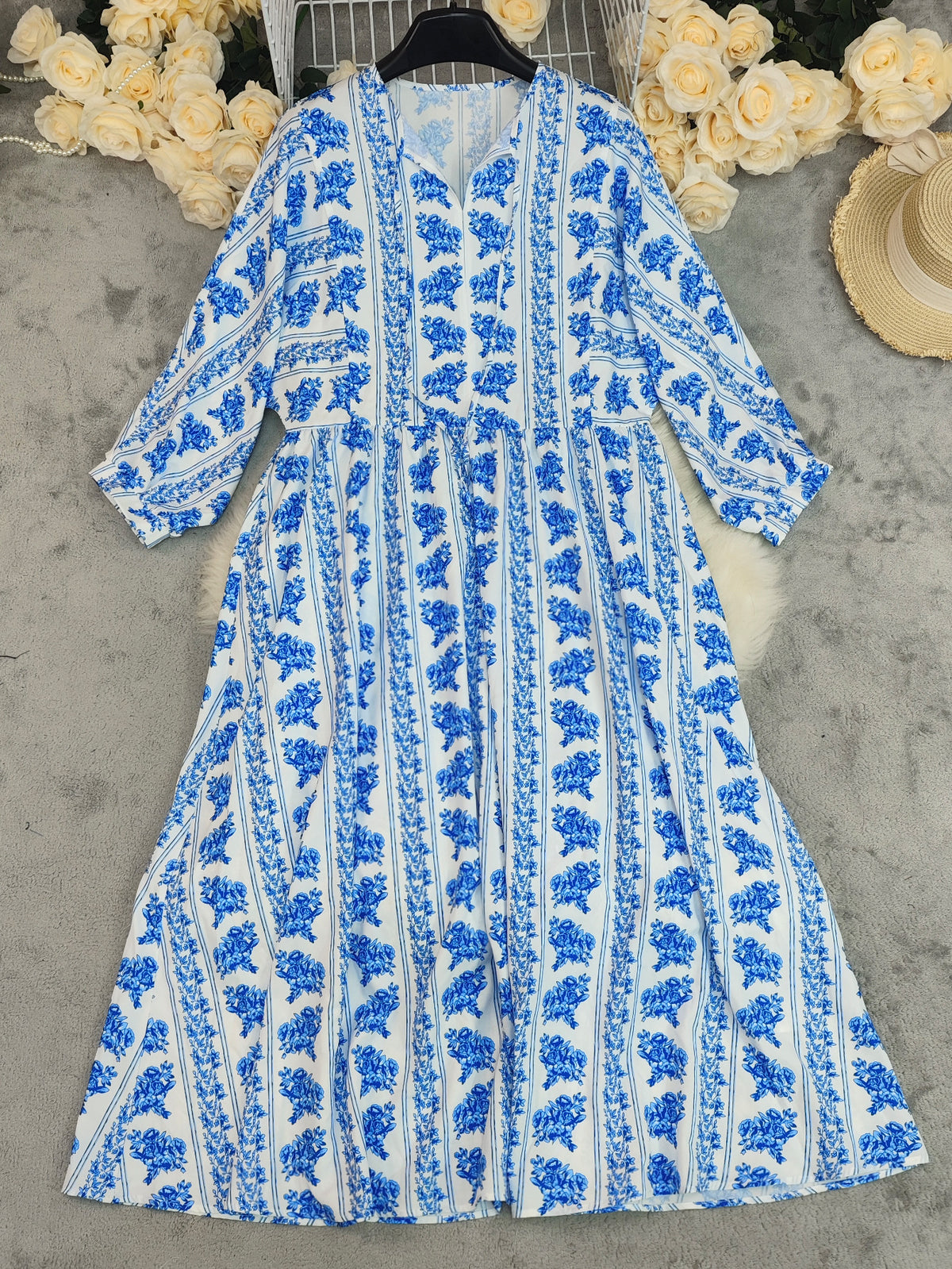Summer Bohemian Printed Dress V Neck Long Sleeve Vacation Beach