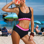 Women's Pink Wave Ruffle High Waist Bikini