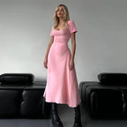Short-Sleeve Square-Neck Lace-Up A-Line Summer Dress
