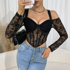 Women's Sexy Lace See Through Long Sleeve Sexy Deep V Plunge Neck Slim Fit Slimming Boning Corset Camisole