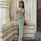 Summer Shoulder Solid Color Split Sleeveless Slim Fit Dress