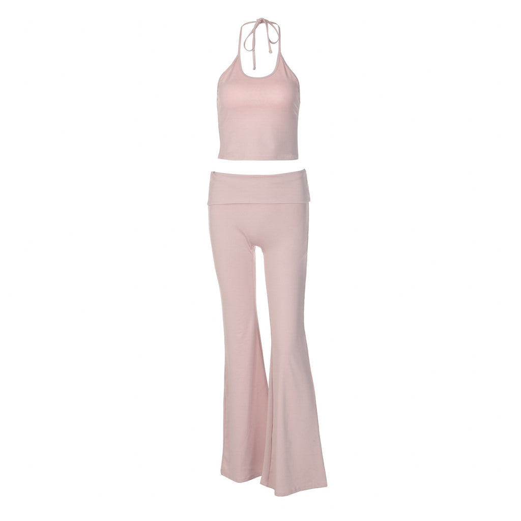 Women's Spring Sexy Cropped Halterneck Vest Slim High Waist Bootcut Pants Set
