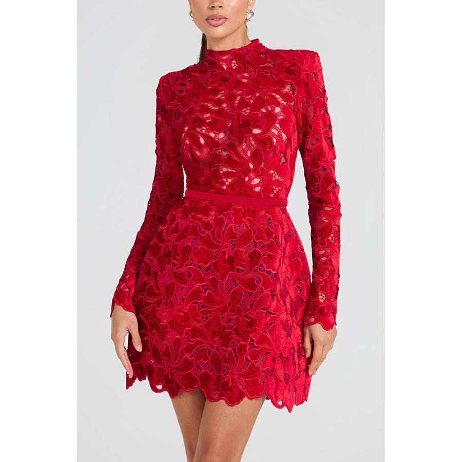 Women's Crew-Neck Lace-Trim Zip Long-Sleeve Mini Dress