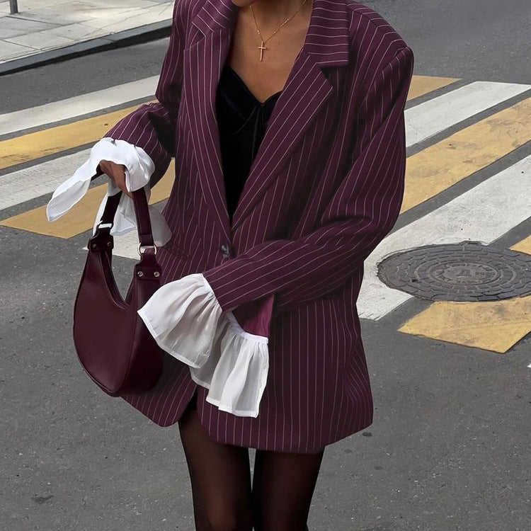 Striped Blazer Lace Bell Sleeve Loose