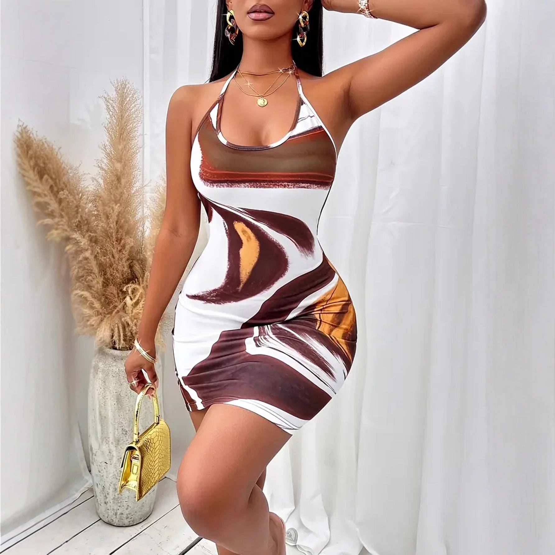 Women's Halter Abstract Backless Tie Dress