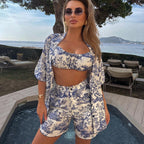 Chinese Print Shirt & Suspender Shorts Set