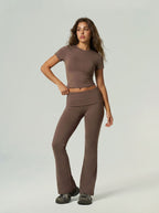 Caramel brown short-sleeve sports top and high-waist flared leggings set