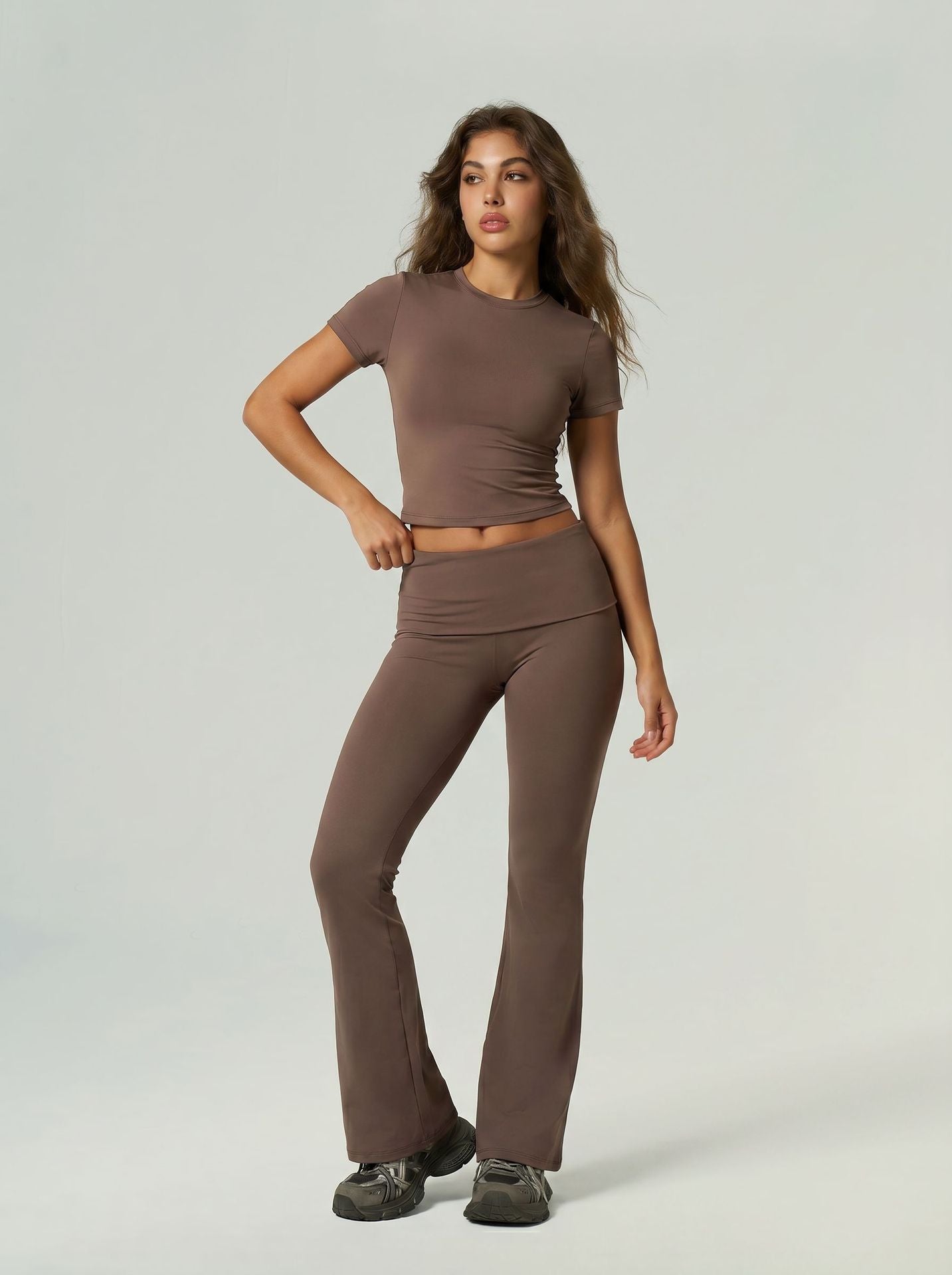Caramel brown short-sleeve sports top and high-waist flared leggings set