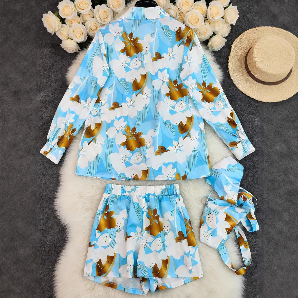 Women Printed Shirt Shorts Undergarment Vacation Three Piece Set