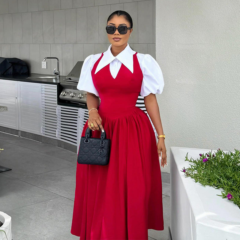 Autumn Elegant Bubble Sleeve Shirt Collar High-Waist Dress Faux Two Pieces