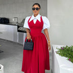 Autumn Elegant Bubble Sleeve Shirt Collar High-Waist Dress Faux Two Pieces