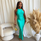 Women's Slim Fit Halter Solid Color Long Dress