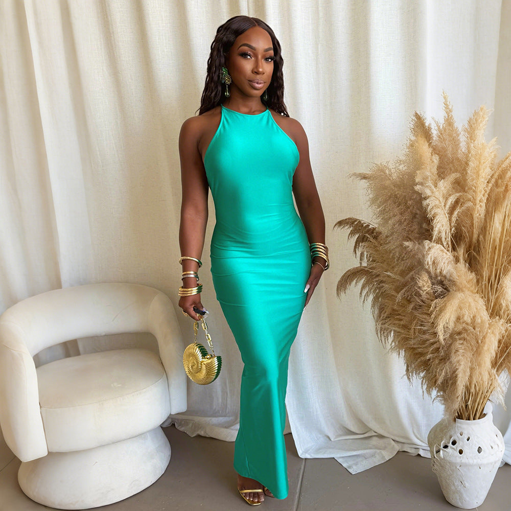 Women's Slim Fit Halter Solid Color Long Dress
