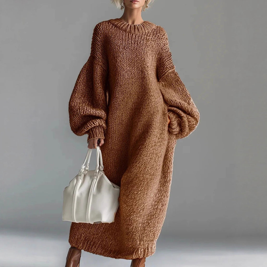 Stand Alone round Neck Loose Lantern Sleeve Long Knitted Sweater Dress