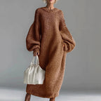 Stand Alone round Neck Loose Lantern Sleeve Long Knitted Sweater Dress