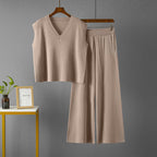Suit V-Neck Loose Sleeveless Knit Vest Top High-Waisted Slimming Casual Slit Wide Leg Pants Set