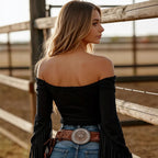 Women's Retro Western Tassel Off Shoulder Women T Shirt Solid Color Top