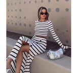 Women's Autumn Classic Black White Top And Skirt Two-Piece Set