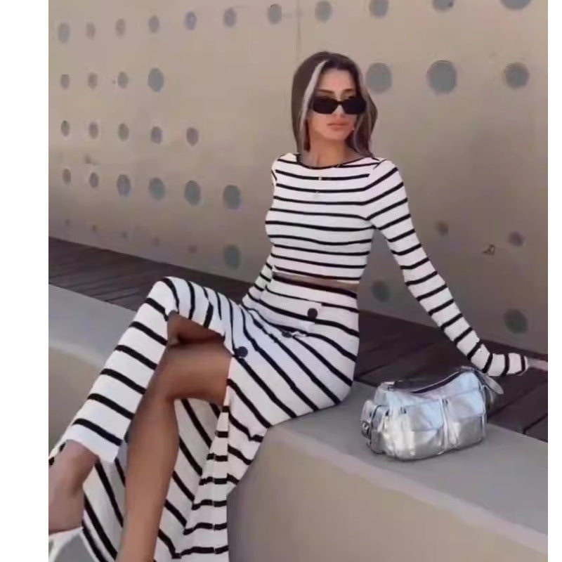 Women's Autumn Classic Black White Top And Skirt Two-Piece Set