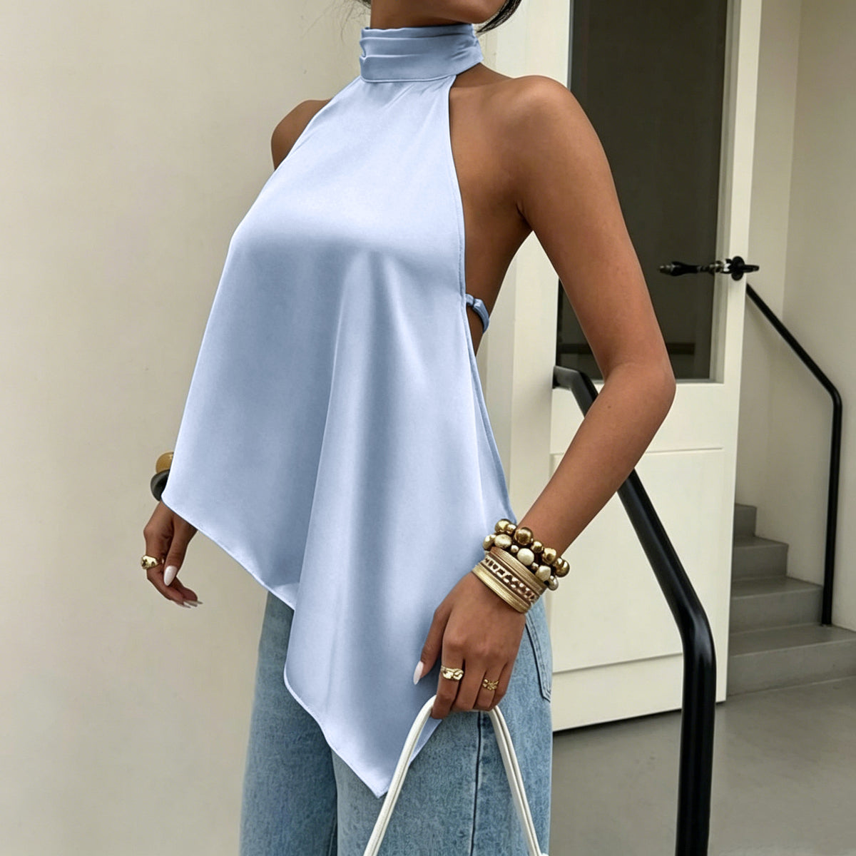 Women's Satin Halter Asymmetric Top