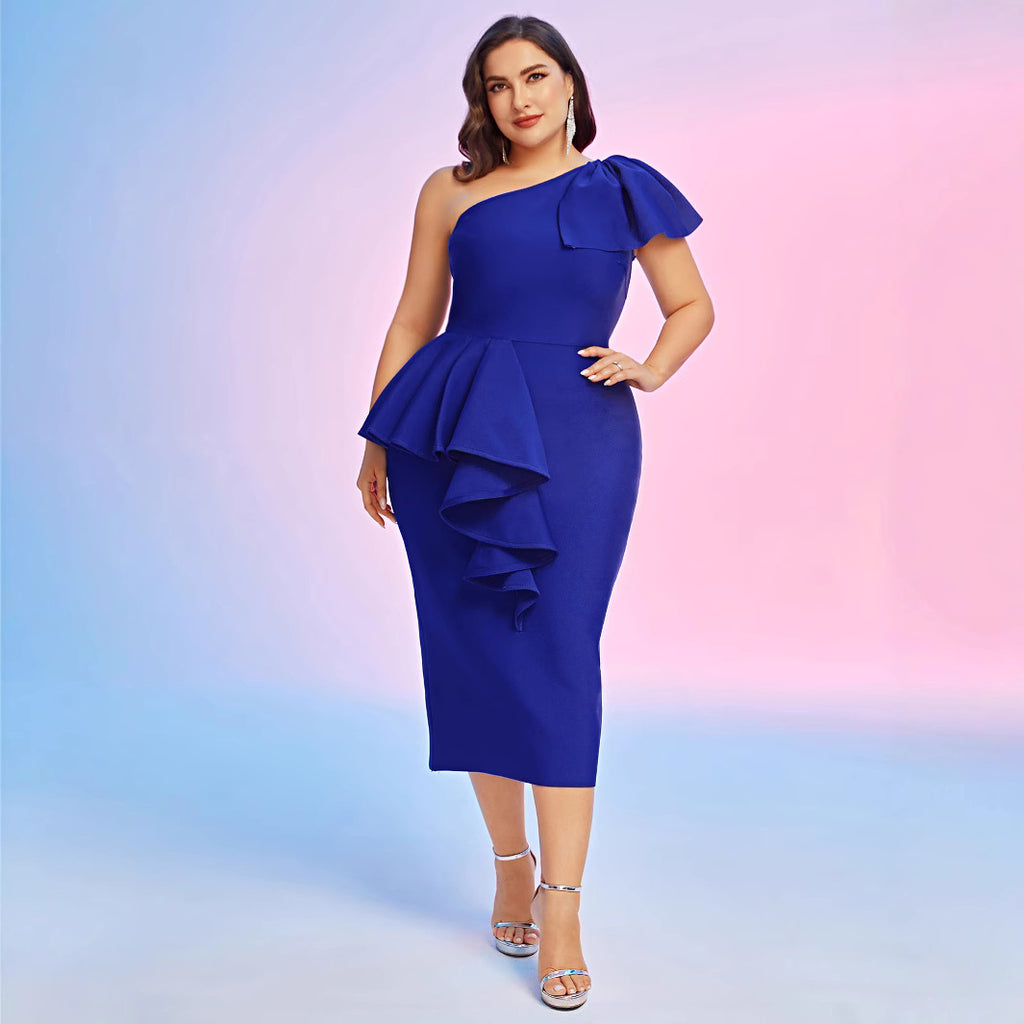 Women's Plus Size Oblique Dress One-Shoulder Ruffled Bandage Evening