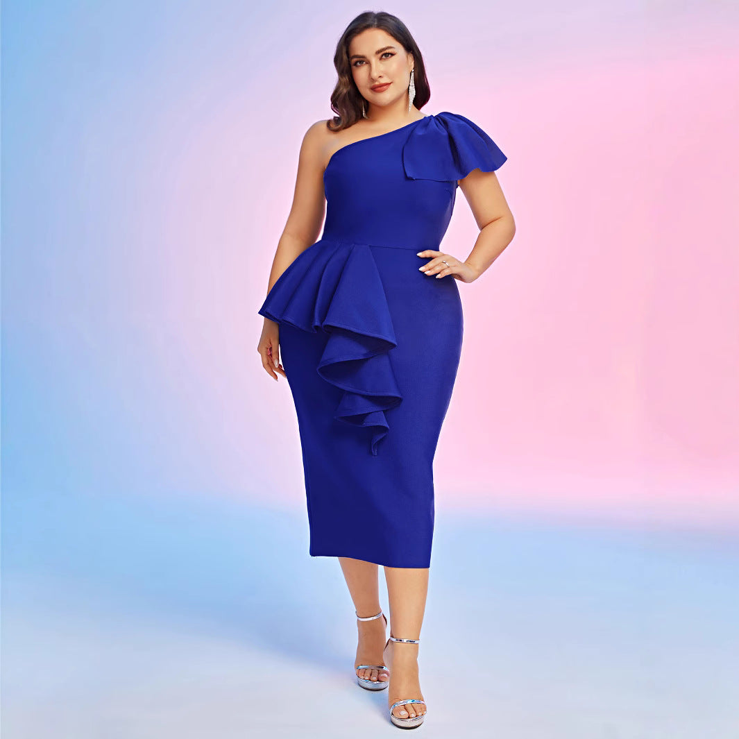 Women's Plus Size Oblique Dress One-Shoulder Ruffled Bandage Evening