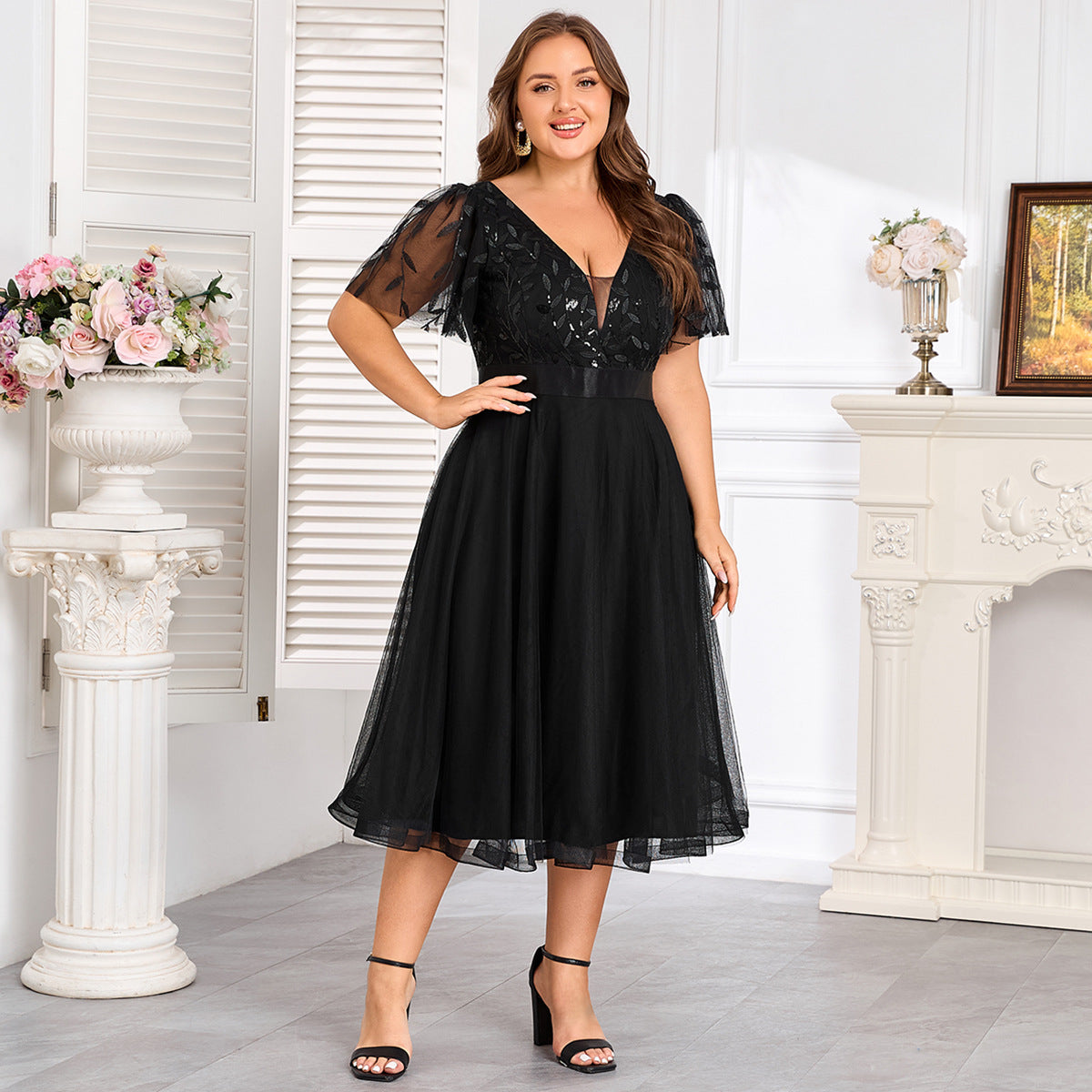Women's Plus Size Double V neck Stretch Waist Short Mesh Evening Dress