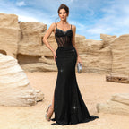 Women's Rhinestone V-Neck Boned Slit Evening Maxi Dress