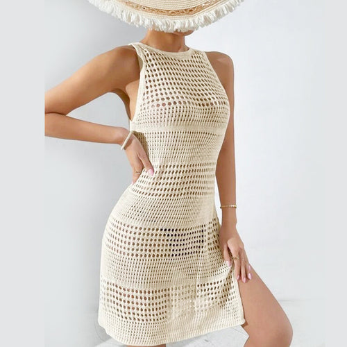 Ivory crochet swim dress with high neck, sleeveless cut, openwork pattern, flared hem