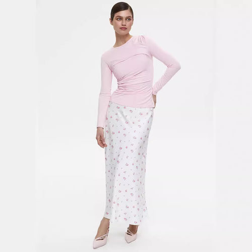 Printed Skirt Spring Summer Elegant Floral Satin Printed High Waist Drooping Skirt