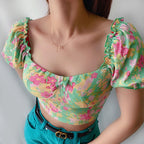 Women’s French Floral Square Neck Bow Crop Top