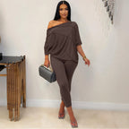 Women Clothing Comfortable Personality Reverse Shoulder Batwing Sleeve Blouse Pants Two Piece Set