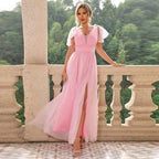 Women's Mesh Lace-Up High Slit A-Line Maxi Dress