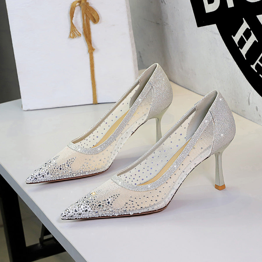 Women's Sexy Party Shiny Rhinestone Mesh Pointed Low Cut Slip On Stiletto Heel Women Shoes