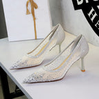 Women's Sexy Party Shiny Rhinestone Mesh Pointed Low Cut Slip On Stiletto Heel Women Shoes