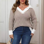 Plus Size Women Top Autumn Winter Contrast Color Stitching Collared Sailor Collar Woven Pullover Sweater