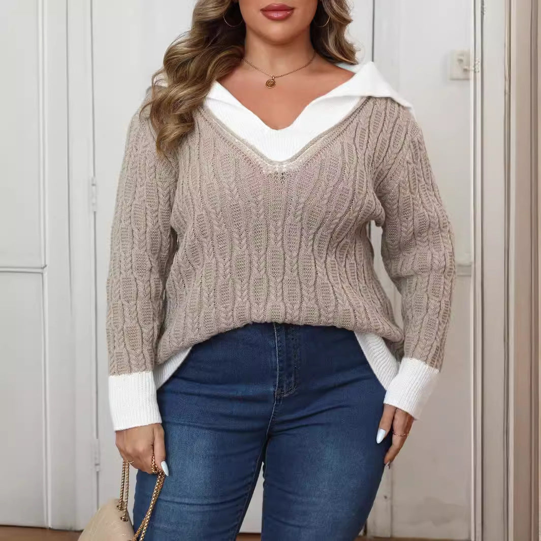 Plus Size Women Top Autumn Winter Contrast Color Stitching Collared Sailor Collar Woven Pullover Sweater