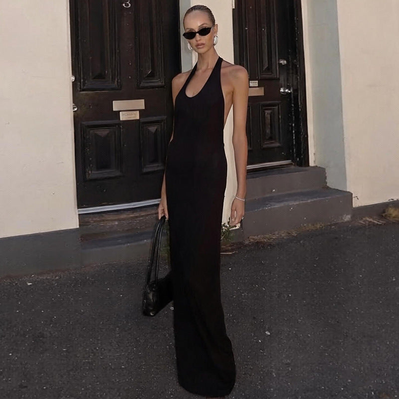 Women's Black Backless Halter Maxi Dress