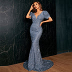 Elegant Wedding V Neck Short Sleeve Sequined Fishtail Cocktail